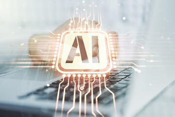 Poster - Creative artificial Intelligence symbol concept with hands typing on laptop on background. Multiexposure