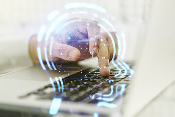 Aufkleber - Creative artificial Intelligence concept with human head sketch and hands typing on computer keyboard on background. Double exposure