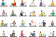 Blogger interview icons set cartoon vector. Network live. Interview media video
