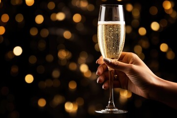 Wall Mural - festive hand of woman with flutes of champagne on bokeh background