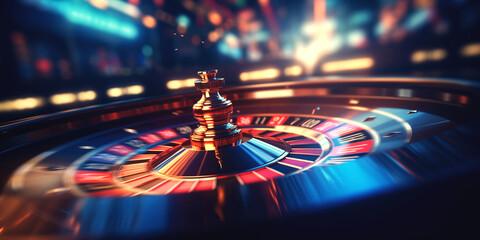 Casino roulette wheel in motion, Banner colorful background