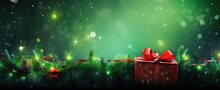  A Green Christmas Background With A Red Gift Box With A Red Ribbon And A Pine Cone With A Red Bow.