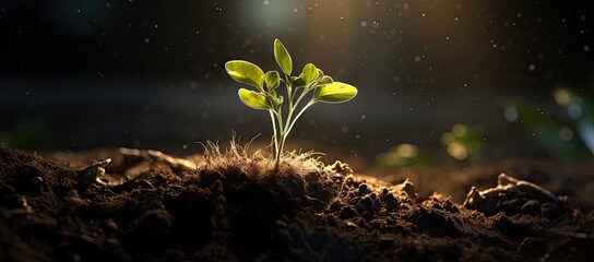  a small plant sprouts out of the dirt on a sunny day with the sun shining in the background.