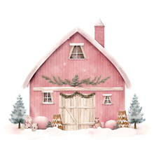 Cozy Christmas Pink Barns Clipart In Watercolor, Perfect For Greeting Cards