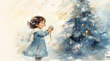  A Watercolor Painting Of A Little Girl Holding A Christmas Ornament In Front Of A Christmas Tree With A Snowflaked Background Of Blue And Gold Ornaments.  Generative Ai