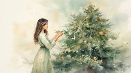 Sticker -  a watercolor painting of a young girl decorating a christmas tree with a star ornament on the top and a star ornament on the bottom of the tree.  generative ai