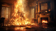 burning christmas tree in a living room