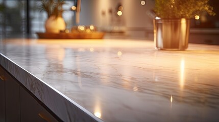 Wall Mural -  a close up of a counter top with a potted plant in the middle of the counter and a glass of water on the other side of the countertop.  generative ai