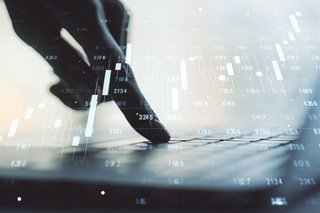 Poster - Multi exposure of creative statistics data hologram with hands typing on computer keyboard on background, stats and analytics concept