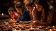 Charity during Diwali: A shot depicting an act of charity for less fortunate people during Diwali festival. Emphasis on hands and faces, conveying emotion.