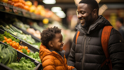 Wall Mural - african american father and son choosing fresh vegetables in grocery store