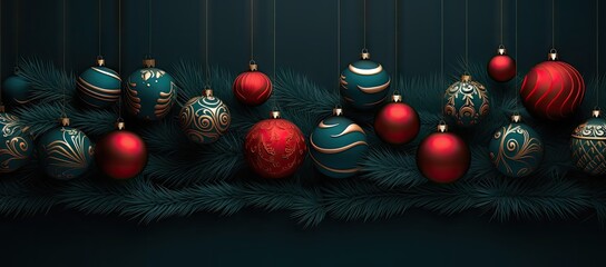  a group of christmas ornaments hanging from a christmas tree with a dark green background and red and gold ornaments hanging from the branches.