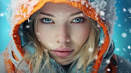 Sticker -  a woman with blue eyes is wearing an orange and white jacket and a hat with a fur pom pom on top of her head and she is looking at the camera.  generative ai