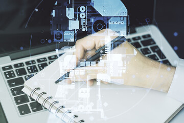 Aufkleber - Double exposure of creative artificial Intelligence symbol with hand writing in notebook on background with laptop. Neural networks and machine learning concept