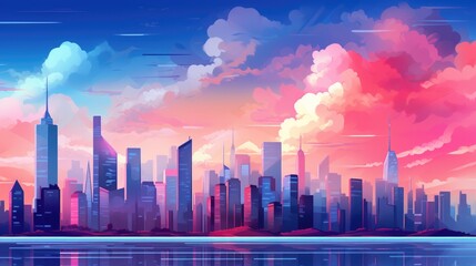 Wall Mural - Big city skyscrapers skyline landscape illustration in cartoon style. Scenery abstract background