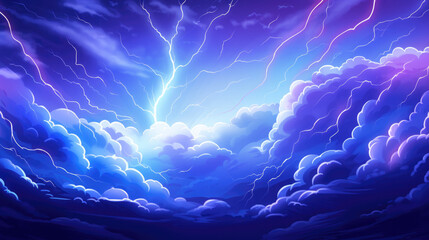 Wall Mural - Thunderstorm clouds, lightning in the sky landscape illustration in cartoon style.