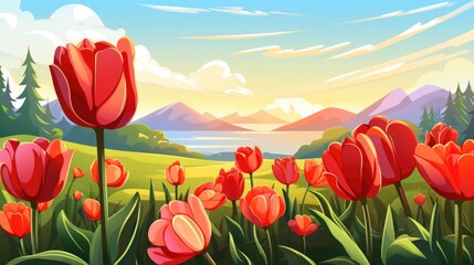 Wall Mural - Tulip flower field landscape illustration in cartoon style. Scenery background for game