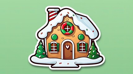 Wall Mural -  a sticker of a gingerbread house with a flag on the roof and a wreath on the front of the house, with snow on a light green background.  generative ai