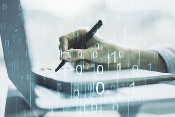 Aufkleber - Creative abstract binary code hologram and hand writing in diary on background with laptop, AI and machine learning concept. Multiexposure
