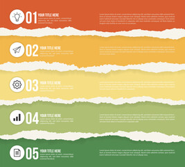 Wall Mural - Realistic torn or ripped colorful paper background with infographic design for corporate business marketing. Success workflow report, information flow chart or social media data presentation diagram.