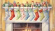  a painting of christmas stockings hanging from a mantel with a fire place in front of it and a fireplace with a lit candle in the middle of the mantel.  generative ai