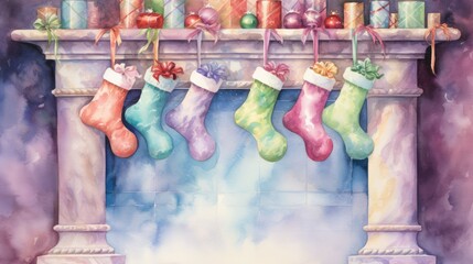 Wall Mural -  a watercolor painting of christmas stockings hanging from a mantel with presents on top of it and a fireplace mantel with presents on top of the mantel.  generative ai