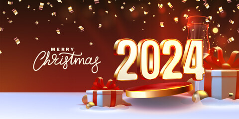Wall Mural - Marry Christmas 2024, happy new year, golden numbers 3d, gifts and toys near the tree.