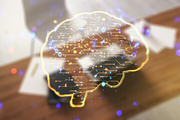 Poster - Creative artificial Intelligence concept with human brain sketch and modern desktop with pc on background. Double exposure