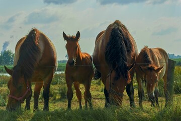 Canvas Print - Group of beautiful horses grazing on the riverbank