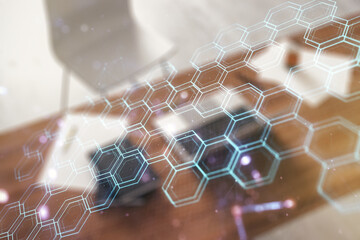Aufkleber - Creative abstract wireless technology hologram with hexagon and modern desktop with pc on background, artificial intelligence and machine learning concept. Multi exposure
