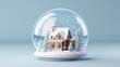  a snow globe with a house in the middle of it and snow on the ground and trees in the middle of the globe, on a blue background is a.  generative ai