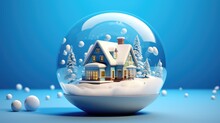  A Snow Globe With A House In The Middle Of It And Snow Falling From The Sky In Front Of It And A Blue Background With White Snowing Trees And Snow.  Generative Ai