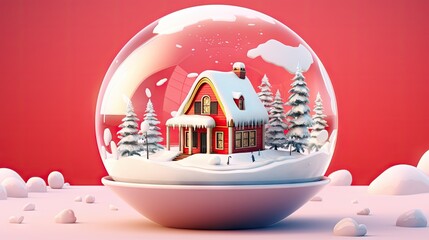 Wall Mural -  a snow globe with a house in the middle of it and snow on the ground in front of a red background with white snow flakes and snowflakes.  generative ai