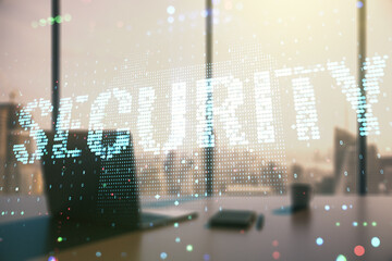 Poster - Cyber security creative concept and modern desktop with computer on background. Double exposure