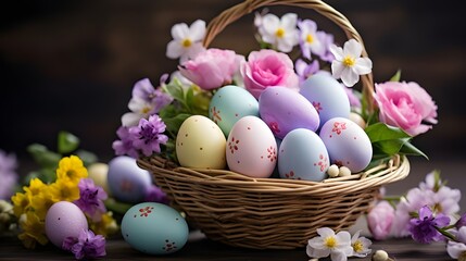 easter eggs in a basket and flowers