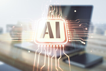Poster - Creative artificial Intelligence symbol concept and modern desktop with computer on background. Multiexposure