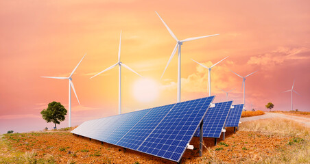 Wall Mural - solar panels and wind turbines on the hill.renewable energy concept energy supply, distribution of e