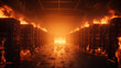 Burning server room. Data center supercomputer technology in fire