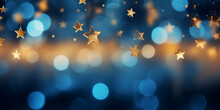 Abstract Defocused Background With Christmas Lights, Stars String On Blue Light Bokeh With Gold Glitter