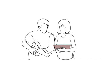 Wall Mural - couple are standing nearby, the man is holding a child and both are looking at a book - one line art vector. concept heterosexual family are trained to take care of children, man and woman with baby