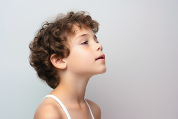 Aufkleber - A young boy with curly hair wearing a white tank top. This versatile image can be used to represent youth, fashion, or casual style.