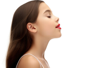Poster - A woman with long brown hair and red lipstick. This image can be used for beauty, fashion, or cosmetic-related projects.
