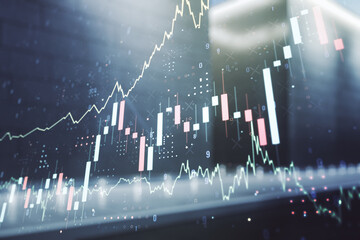 Multi exposure of virtual abstract financial diagram on contemporary business center exterior background, banking and accounting concept