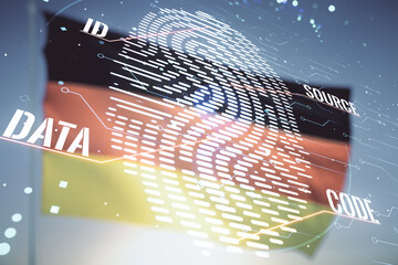 Aufkleber - Double exposure of virtual creative fingerprint hologram on German flag and blue sky background, research and development concept