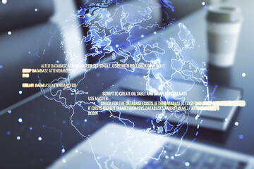Aufkleber - Multi exposure of abstract programming language hologram with world map on computer background, artificial intelligence and neural networks concept
