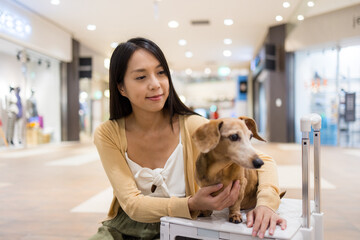 Poster - Woman go out with her dachshund dog at shopping mall