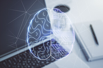 Aufkleber - Creative artificial Intelligence concept with human brain sketch on modern computer background. Double exposure