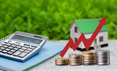 Poster - House model, calculator and coin on the desk