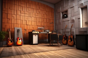 Poster - A room filled with guitars and a desk. Perfect for musicians, music enthusiasts, or anyone looking for a creative workspace.