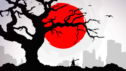 Sticker - lady Samurai Background. japan theme background. samurai wallpaper.  samurai with tree background. japanese samurai background.